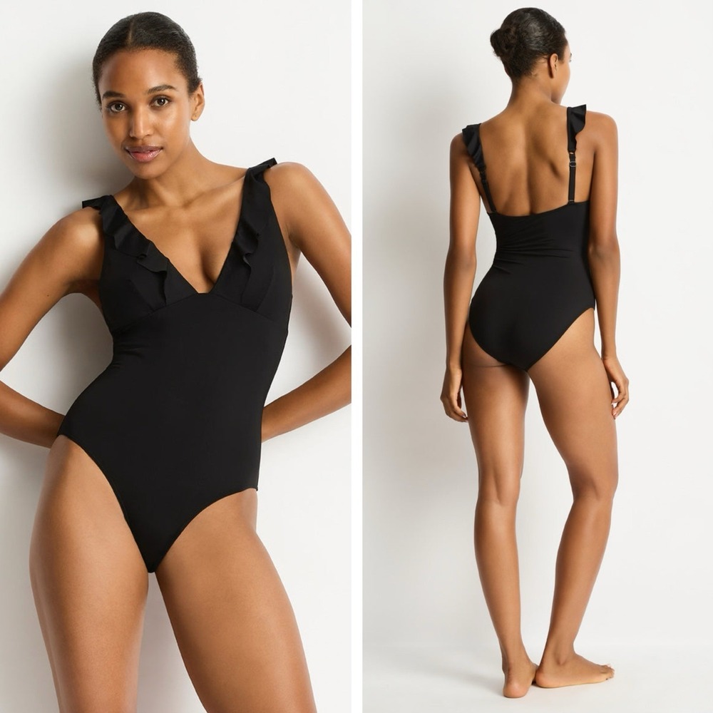 SEA LEVEL SWIM Womens Black Essentials Frill One-Piece Swimsuit Size US 4